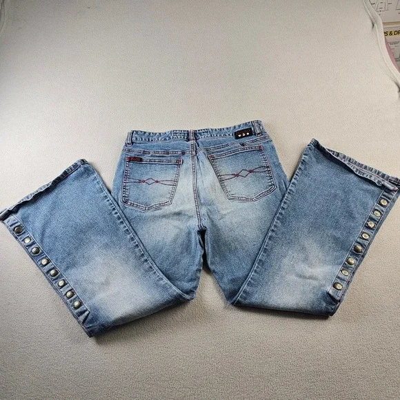 Y2K Mudd Jeans Bell Bottom Flare Denim pant Women's 28 Blue Wash Snap Button‎ - Picture 16 of 17